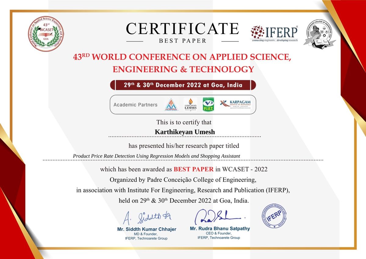 Best Paper certificate from the 43rd World Conference on Applied Science, Engineering & Technology, awarded to Karthikeyan Umesh
