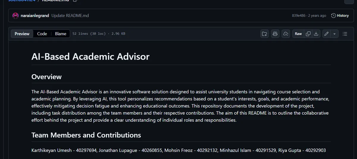 The AI-Based Academic Advisor repository README: project overview and team members
